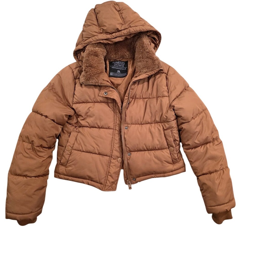 Aeropostale Remixed Down Puffer Jacket Brown Cropped Faux Fur Hooded Coat XS